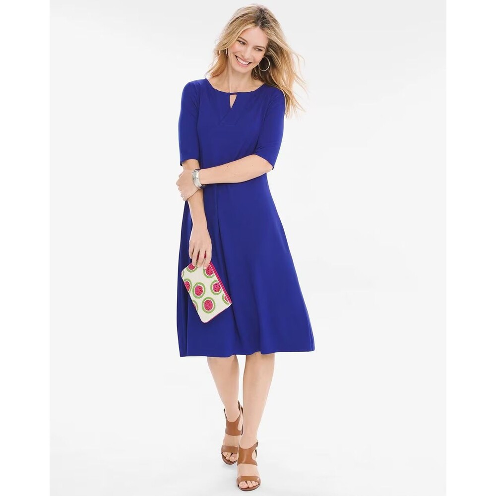 Chicos Solid Keyhole Dress A-line Pullover Size XL (3) 16/18 Mysterious Blue
